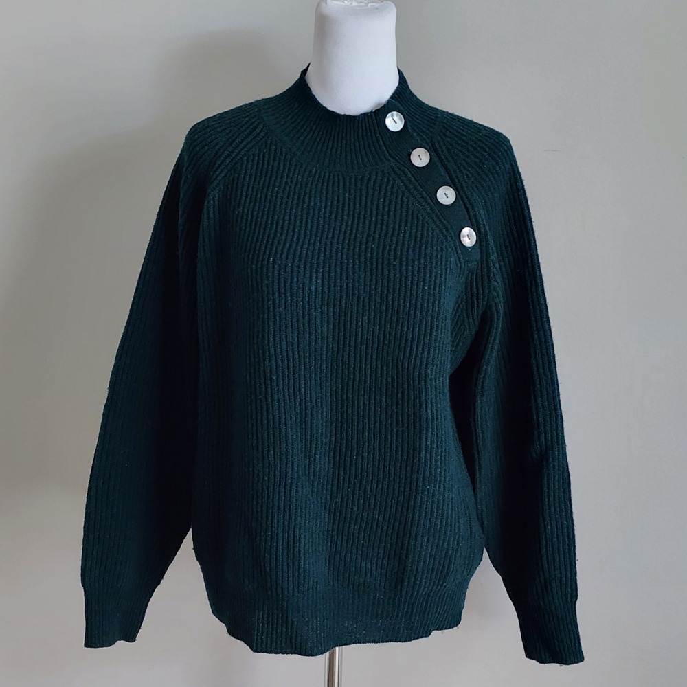 Munrospun Lambswool Sweater Womens Large Green Ribbed Button Shoulder 100% Wool